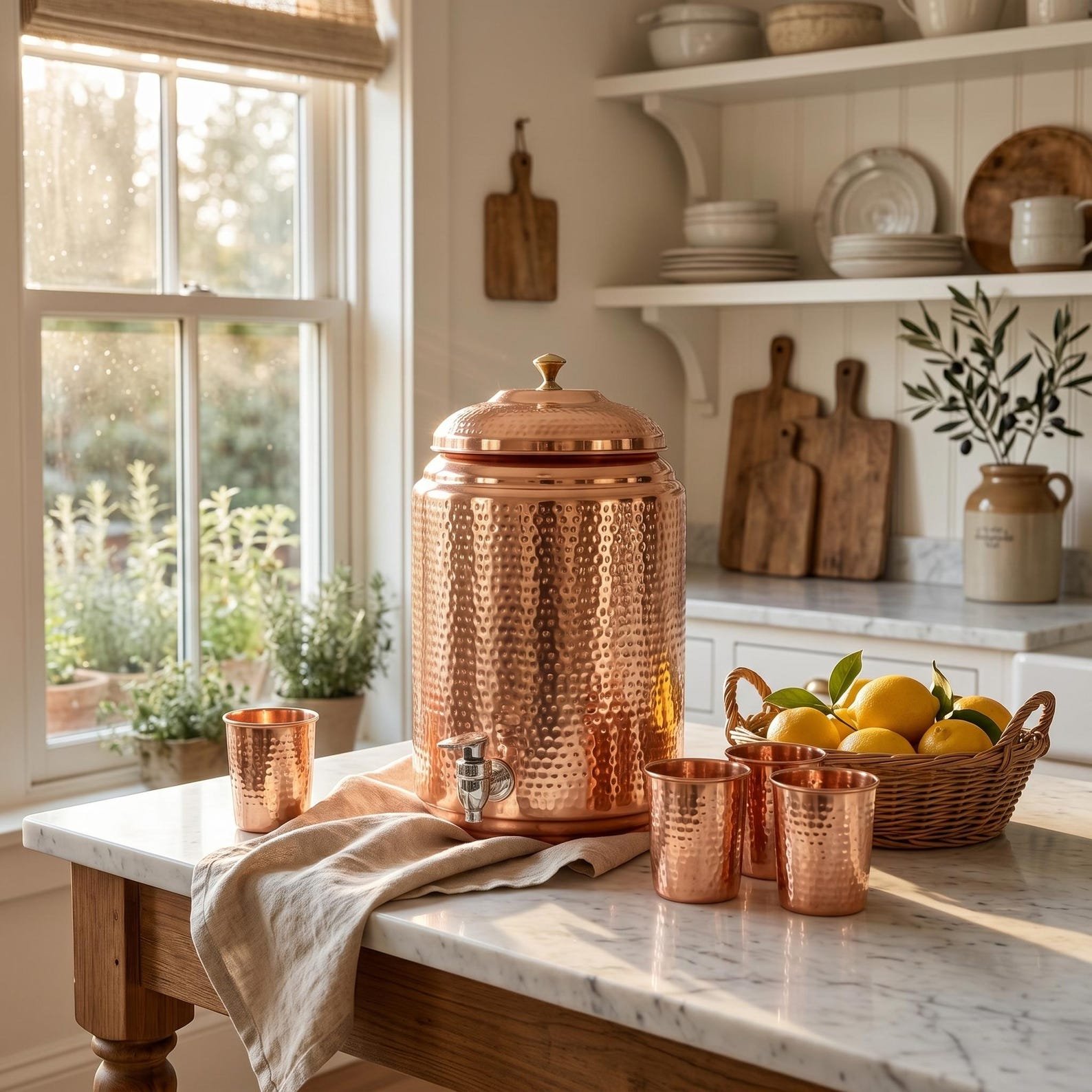 Handmade Hammered Copper Water Dispenser Set – Dispenser, 1 L Bottle & 6 Glasses - Image 2