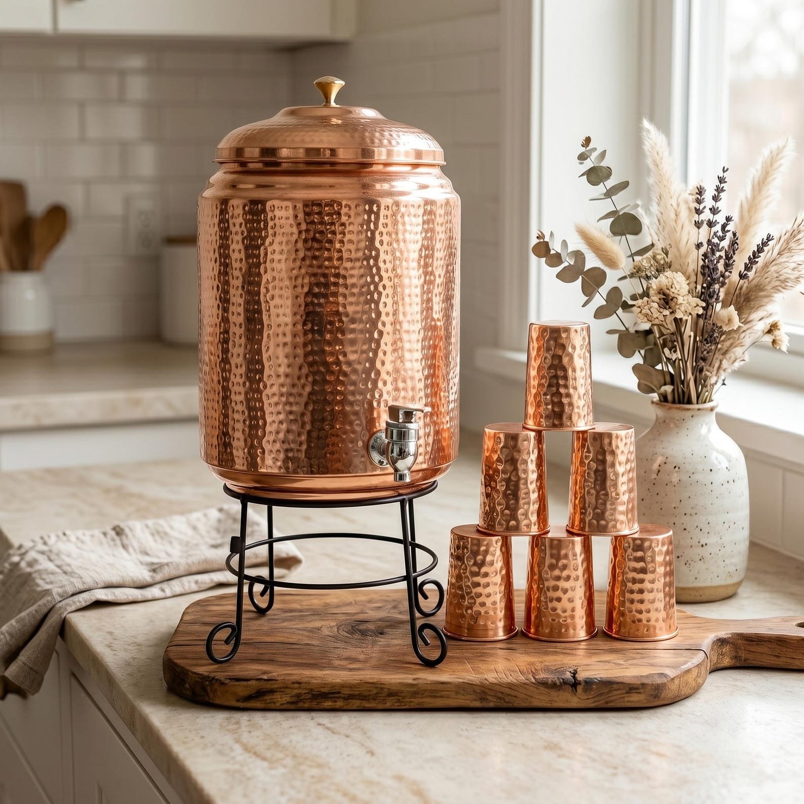 Handmade Hammered Copper Water Dispenser Set – Dispenser, 1 L Bottle & 6 Glasses - Image 4