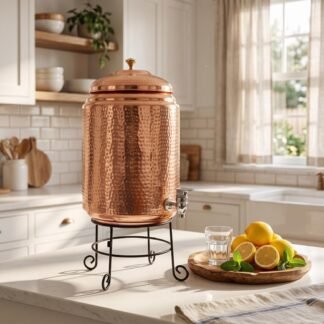 Handmade Hammered Copper Water Dispenser Set – Dispenser, 1 L Bottle & 6 Glasses