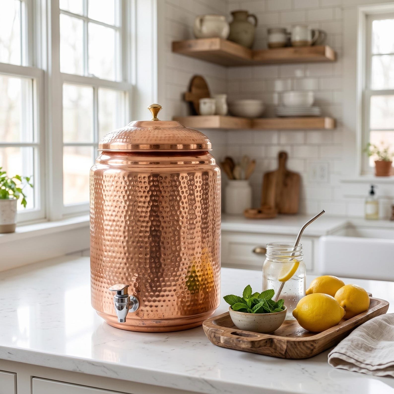 Handmade Hammered Copper Water Dispenser Set – Dispenser, 1 L Bottle & 6 Glasses - Image 5