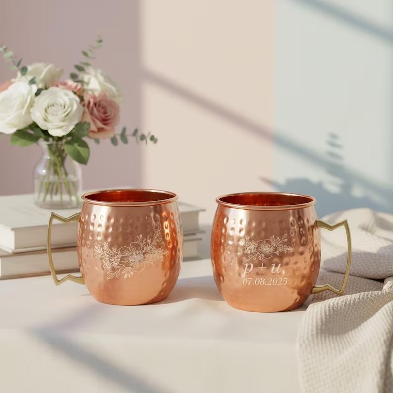 Handmade Hammered Copper Moscow Mule Mugs with Gold Handles – Single, Set of 2 or Set of 4